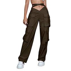 Cargohose Damen Baggy Cargo Hose Baggy Kleidung Schwarze Hose Hohe Taille Reißverschluss Dünne Kordelzug Taille Mit Taschen Lose Plus Size Womans Fallschirmhose Grüne Cargo Teenager Hip (Brown, XL) von Generic