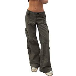 Cargohose Damen Gerade Breites Bein High Waist Breites Bein Y2k Aesthetic Elastische Taille 90er Streetwear Cargo Pants Y2K Sporthose Lang Locker (Grey-1, S) von Generic