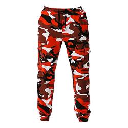 Cargohose Herren Sporthose Herren Lang Multi-Pocket-Camouflage-Hose große Größe Hose kleine Fußhose lose Freizeithose Camouflage Hose Bundeswehr Stil Taktische Hose Herren Rot XL von Generic