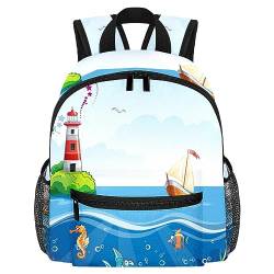 Cartoon Meer und Unterwasserwelt Leuchtturm Muster Kleinkind Kid Jungen Mädchen Kindergarten Kinder Snack Kindergarten Kindergarten Schule Rucksack, mehrfarbig, 10x4x12 in von Generic