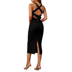 Cocktailkleid Damen Party Criss Cross Back Wrap Ärmellos Bleistiftkleider Tunika Geteilt Rückenfrei Sexy (Color : Black, Size : XS) von Generic