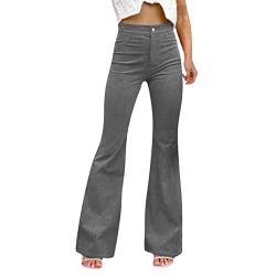 Cordhose Damen High Waist Elegant Flare Lang Weite Hose Freizeithose Cordhose High Waist Elastische Taille Tapered Hose Casual Corduroy Straight Leg Hose Hosen mit Taschen (Grey, S) von Generic