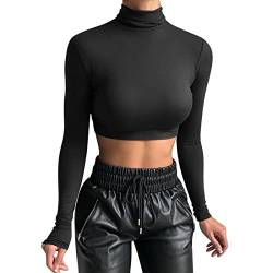 Crop Top Damen Langarm Rollkragen Pullover Sexy Basic Cropped Tops Slim Fit Komfort T Shirt Langarmshirt Rollkragenpulli Lässig Sport Oberteile Tunika Top Bluse Tee Sweatshirt Sweater Einfarbig von Generic