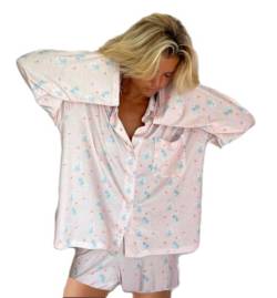 Damen 2 Stück Pyjama Set Cute Fruit Floral Printed Shirt Pant Sets Holiday Loungewear Nightwear (Pink, L) von Generic