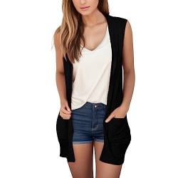 Damen Ärmellos Strickjacke Lang Weste Dünn Drapiert Cardigan Fließender Stoff Schwarz Weiß Sommer Und Herbst Ärmellos Leichte Jacke Asymmetrisch Elegant Einfarbig Cardigan von Generic