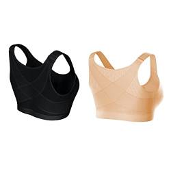 Damen BH Ohne Bügel Schlaf Bustier Tops Komfort Starker Halt Vorne Vershcluss Rückenstütze Haltungskorrektur BH Ungepolstert Senioren BH Schlaf Still Sport Bralette in vielen (Schwarz+Beige, XXXXXL) von Generic