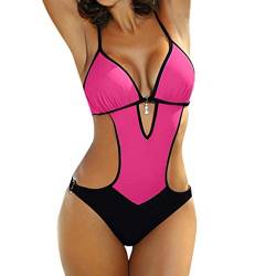 Damen Badeanzug Einteilege Wickel Push Up Bademode Figurformend Bauchweg Bikini Große Größe Cut Out Einteilige Strandmode Swimsuit (Hot Pink, L) von Generic