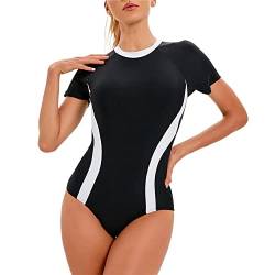 Damen Badeanzug mit Kurzen Ärmeln Rundhalsausschnitt Reißverschluss Farbblock Modest (Farbe : Schwarz, Größe : S) von Generic