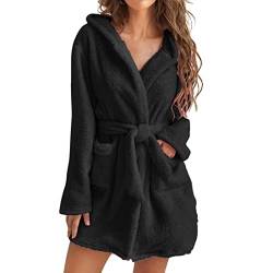 Damen Bademantel kurz mit Kapuze - Decke Pyjama Damen Kapuze Fleece Bademantel Leicht Weich Plüsch Kurz Flanell Nachtwäsche Plüsch Damen Flauschiger Saunamantel Morgenmantel (Schwarz,L) von Generic