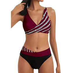 Damen Bikini Set Crossover Low Rise V-Ausschnitt Gestreift Bikinioberteil Push Up Blumenmuster 2tlg Bikini Damen Set Streifendruck Sexy Ruched Bauchweg Damen Große Größen Bikini Set Bademode von Generic