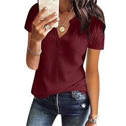 Damen Bluse Kurzarm Oberteile Tshirt V-Ausschnitte Elegant Sommershirts Mode Lose Damenblusen Waffel Strick Material Hemdbluse T-Shirt Tops von Generic