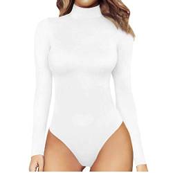 Damen Body Bodysuit Stehkragen Langarm Overall mit Rollkragen Jumpsuit Pullover Herbst T-Shirt Bodies Langarmshirt Slim Oberteil Elastisch Stilvoller Unterzieh-Body Tops (White, L) von Generic