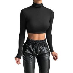 Damen Crop T-Shirt Rollkragen Oberteil Bauchfrei Langarmshirt Pullover Cropped Tops Langarm Shirt Dünnes Einfarbige kurz geschnittene Nabel Hemdbluse mit hohem Halsausschnitt Mädchen (01-Black, M) von Generic