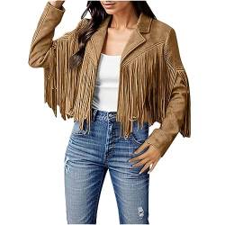 Damen Faux Wildleder Lederjacke mit Fransen Crop Quasten Strickjacke Mantel Freizeit Übergangsjacke Langarm Herbstjacke Kurze Fransenjacke Motorradjacke Bikerjacke Oberbekleidung Wärme von Generic