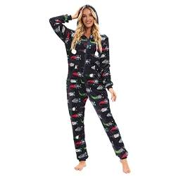 Damen-Fleece-Pyjamas, Bedruckt, Nachtwäsche, Pyjamas, mit Kapuze, Overall, Strampler, Clubwear, Nachtwäsche, Strampler Katzen-Pyjama (Black, M) von Generic