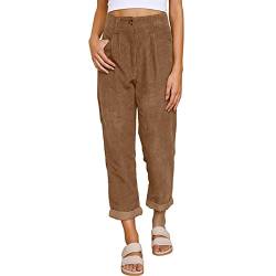 Damen Gerade Geschnittene Cordhose Elastische Taille Corduroy Hose Solid Damen Hohe Taille Wide Leg Pants Straight Casual Baggy Hose mit Taschen (Braun, S) von Generic