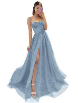 Damen Glitzer TüLl Ballkleider SpaghettiträGer Spitze Applikationen Formelle Abendkleider Hoher Schlitz Sweetheart Partykleid Dusty Blue M von Generic