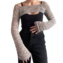 Damen Häkelstrick aushöhlen Crop Top lange ausgestellte Ärmel Strick Bolero Shrug Sweater Y2k Pullover Tops …, C Khaki, S von Generic