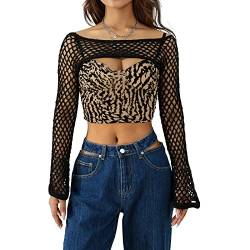 Damen Häkelstrick aushöhlen Crop Top lange ausgestellte Ärmel Strick Bolero Shrug Sweater Y2k Pullover Tops …, C Schwarz, M von Generic