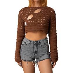 Damen Häkelstrickpullover Hollow Out Crop Top Lange Ausgestellte Ärmel Strick Bolero Shrug Sweater Y2k Pullover Tops, Braun, M von Generic