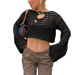 Damen Häkelstrickpullover Hollow Out Crop Top Lange Ausgestellte Ärmel Strick Bolero Shrug Sweater Y2k Pullover Tops, Solides Schwarz, M von Generic