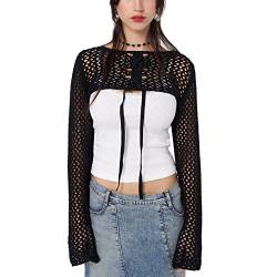 Damen Häkelstrickpullover Hollow Out Crop Top Lange Ausgestellte Ärmel Strick Bolero Shrug Sweater Y2k Pullover Tops .., 1-schwarz, L von Generic