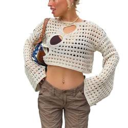 Damen Häkelstrickpullover Hollow Out Crop Top Lange Ausgestellte Ärmel Strick Bolero Shrug Sweater Y2k Pullover Tops .., Farbe: Beige, XL von Generic