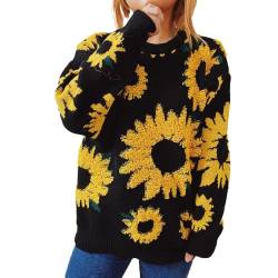 Damen Herbst/Winter New Top Sonnenblume Jacquard Rundhals Langarm Strickpullover Sweater Sweater für Herren, Schwarz , S von Generic