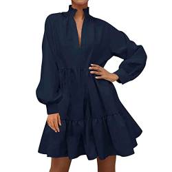 Damen Herbst Langarm Tunika Kleid Lässig V-Ausschnitt Lose Rüschen Stufenkleid Weißes Kleid Damen Knielang (Navy, L) von Generic