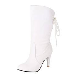 Damen-Herbst- und Wintermode, hübscher Retro-Einfarbiger Rücken, Spitze, Stiletto, runde Zehe, spitzer Zeh, bequem, nicht schleifende Füße in den Stiefeln Westernstiefel Damen Weiß (E-White, 42) von Generic