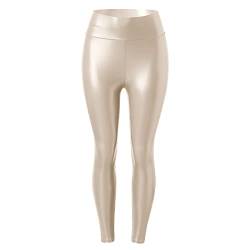 Damen High Waist Lederhose Sexy PU Leder Look Skinny Hose Kunstleder Leggings Strumpfhosen Treggins Leggins Leder hüfthoch Faux Leather Leggings Kunstlederhose (Beige, L) von Generic