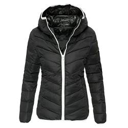 Damen Jacken Casual mit Kapuze Reißverschluss Winter Herbst Warm Einfarbig Steppjacken für Frauen Dressy Vintage Daunenjacken Puffer Jacke Leichte Jacken für Frauen Casual Essential 2023, Schwarz , 46 von Generic