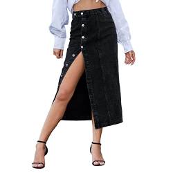 Damen Jeansrock Knielang A-Linie Rock Elegant Midirock Lang Röcke Sommerrock Enger Jeansröcke mit Schlitz Wickelrock Sommer High Waist Röcke für Frauen Schwarz L von Generic