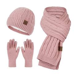 Damen Knit Mütze Schal Handschuhe Winter Schal Strickmütze Kombiset Fäustlinge Mütze Schal Set Beanie Loop Schal Strickset Gestrickt Geschenkset Winterschal Thermo Handschuhe mit Kreis Loop Schal F von Generic