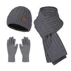 Damen Knit Mütze Schal Handschuhe Winter Schal Strickmütze Kombiset Fäustlinge Mütze Schal Set Beanie Loop Schal Strickset Gestrickt Geschenkset Winterschal Thermo Handschuhe mit Kreis Loop Schal F von Generic