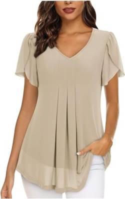 Damen Kurzarm Chiffon Bluse Oberteile Büro Shirt Elegant Blütenblattärmel V-Ausschnitt Einfarbig Bequem Freizeithemd Tunika Sommertop Beige Größe XXL von Generic