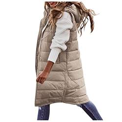 Damen Lang Daunenweste Damen Lang Wintermantel Vest mit Kapuze Weste Mantel Ärmellose Warmer Daunenmantel Taschen Steppweste Damen Daunenjacke Steppjacke Lange Outwear Winterjacke, 2 Beige, 5XL von Generic