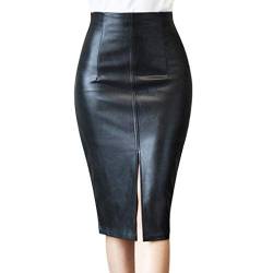 Damen Lederrock Lang A-Linie Maxirock Sommer Röcke Wickelrock Bleistift Rock Sommerrock Knielange Rock mit Schlitz Casual Skirts High Waist Röcke für Frauen Schwarz M von Generic