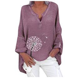 Damen Leinen Bluse Langarm Sommer Damen Oversize Leinenbluse Elegant Blumen Druck Shirt Bluse Leinen Pusteblume Motiv Longshirt Oberteile Tunika Lose Lang Tops von Generic