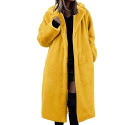 Damen Mantel Langarm Elegant Einfarbig Lang Mantel mit Gürtel Herbst Winter Wintermantel mit Taschen Warm Langer Mantel Winterjacke Basic Wollmantel Slim Windbreaker Trenchcoat (Yellow, XXL) von Generic