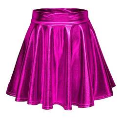 Damen Metallic Glitzer Mini Röcke Rave Rock Barbieer Kleidung Glänzend Nachtklub Faltenrock Skater Pleated Rock Cosplay Kostüm Wetlook für 80er Festival Karneval Halloween Faschingkostüm (Hot Pink, L) von Generic