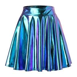 Damen Metallic Glitzer Mini Röcke Rave Rock Barbieer Kleidung Glänzend Nachtklub Faltenrock Skater Pleated Rock Cosplay Kostüm für 80er Festival Karneval Halloween Faschingkostüm (ZZzx1-Sky Blue, S) von Generic