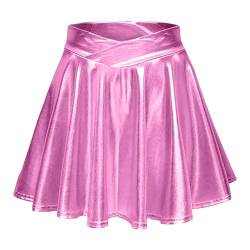 Damen Metallic Glitzer Mini Röcke Rave Rock Barbieer Kleidung Glänzend Nachtklub Faltenrock Skater Pleated Rock Cosplay Kostüm für 80er Festival Karneval Halloween Faschingkostüm (ZZzx2-Pink, S) von Generic