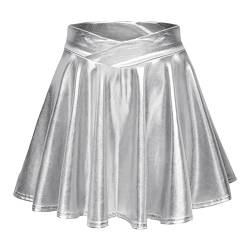 Damen Metallic Glitzer Mini Röcke Rave Rock Barbieer Kleidung Glänzend Nachtklub Faltenrock Skater Pleated Rock Cosplay Kostüm für 80er Festival Karneval Halloween Faschingkostüm (ZZzx2-Silver, L) von Generic