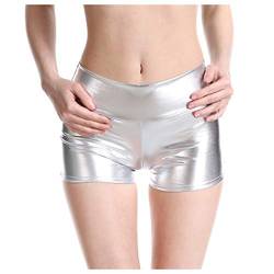 Damen Metallic Hotpants, glänzende Shorts mit hoher Taille, eng anliegende Kurze Hose für Tanz Sport Disco Kostüm FaschingKarneval, Kurze Sport Shorts Yogahose Sporthose Tanz Gymnastik (02-White, M) von Generic