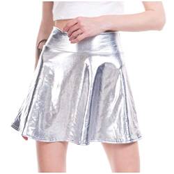 Damen Metallischer Faltenrock Mini Skater Rock PU Lederrock Sexy Hohe Taille A-Linie Silber Rock Karneval Metallic Y2K Tennisrock Tanzrock Rave Party Club Kostüme von Generic