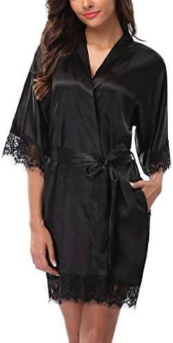 Damen Morgenmantel Bademantel Satin Kurz Sexy Kimono Robe V-Ausschnitt Nachtwäsche mit Gürtel Nachthemd für Braut Brautjungfern von Generic