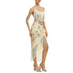 Damen Pailletten 1920s Kleid Flapper Chärleston Kleid V Ausschnitt Great Mötto Party Fäsching Kostüm Kleid 1920er Abendklied Cocktailkleid Ballkleider Kleid Flapper Gätsby Party Vintage (Beige, S) von Generic