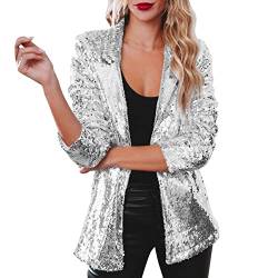 Damen Pailletten Blazer Pailletten Schimmer Jacke Lässig Langarm Glitzer Party Glänzend Mantel Rave Oberbekleidung Mantel Damen Mit Stehkragen (Silver, M) von Generic