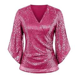 Damen-Pailletten-Top, 3/4-Ärmel, glitzernd, Partybluse, V-Ausschnitt, elegantes Oberteil für Abendparty, Damen-Langarm-T-Shirt, hot pink, M von Generic